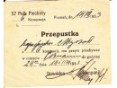 Przepustka dla kpr. pchor. Józefa Myssaka wydana w Poznaniu dn. 14 VIII 1933r przez 57 pp Wlkp- 6 kompanii, uprawniająca do przebywania w Poznaniu do g. 24.00 15 VIII 1933r.